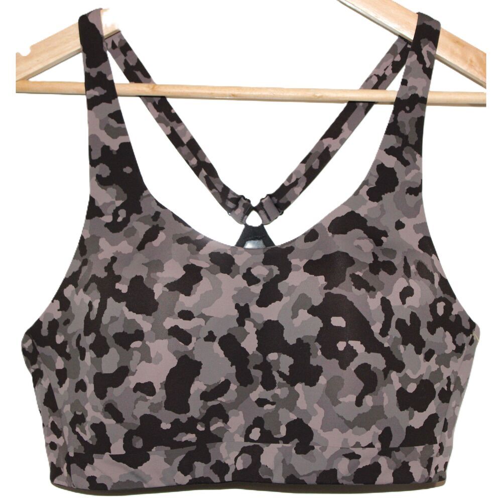 Athleta Advance Camo Sports Bra High Impact Padded Racerback Black Gray Size 38C